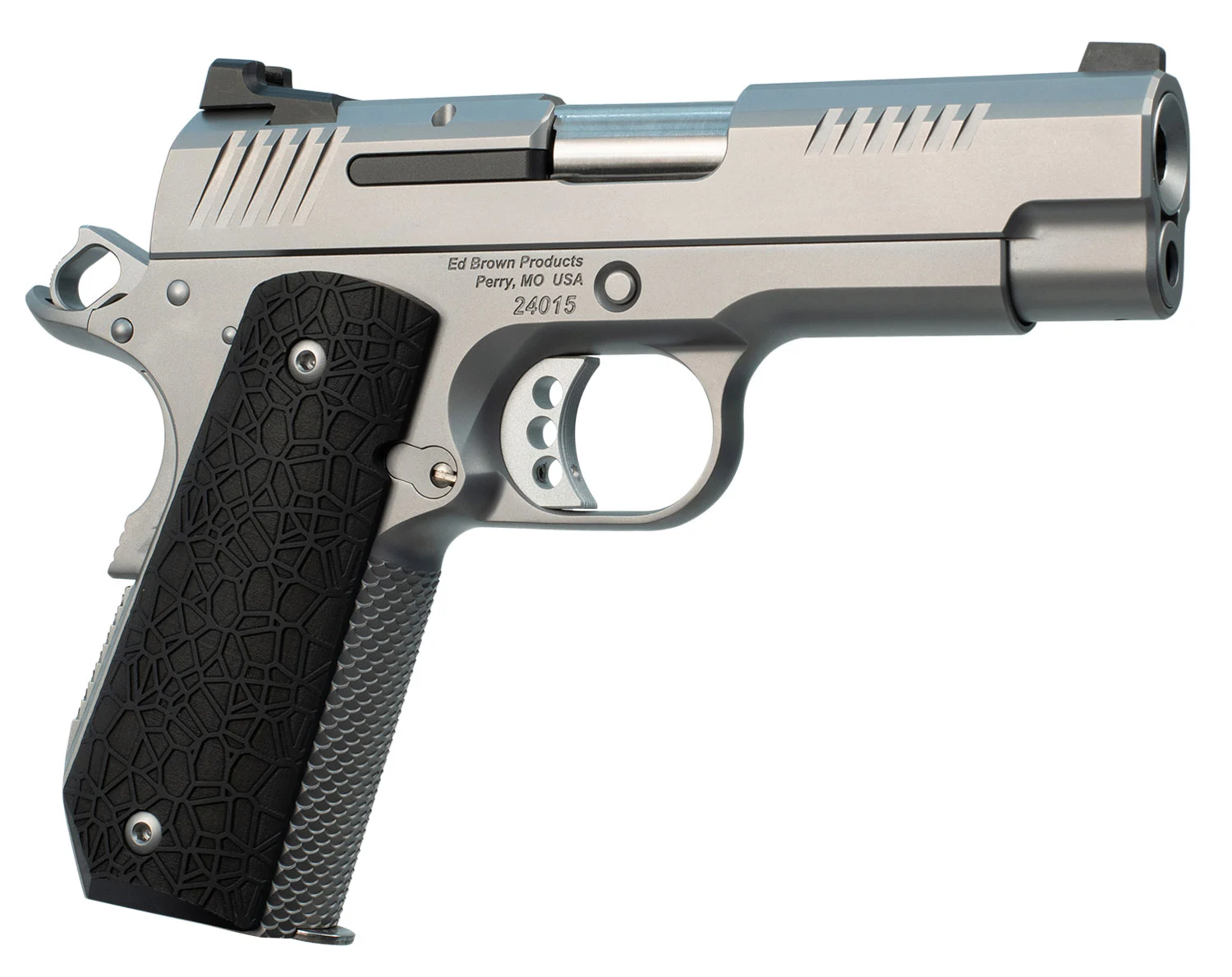 Ed Brown EVOKC9 1911 EVO KC9 9mm Luger 9+1 4" Barrel, Snakeskin Serrated Stainless Steel Bobtail Frame, Serrated Slide w/Recessed Slide Stop, Black G10 Grip