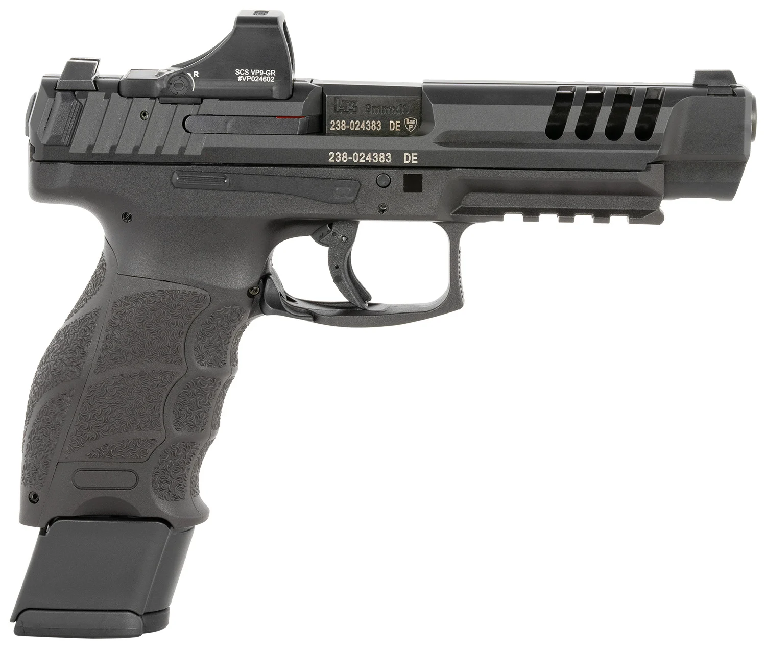 HK 81000878 VP9L SCS 9mm Luger 10+1 5" Black Polygonal Rifled Barrel, Long/Lightening Cuts/Optic Cut SCS Steel Slide, Polymer Frame w/Picatinny Rail, Black Interchangeable Backstrap Grip